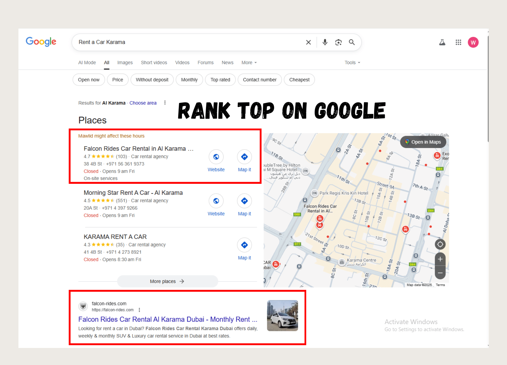 on page seo car rental website ranking Dubai Indianapolis SEO case